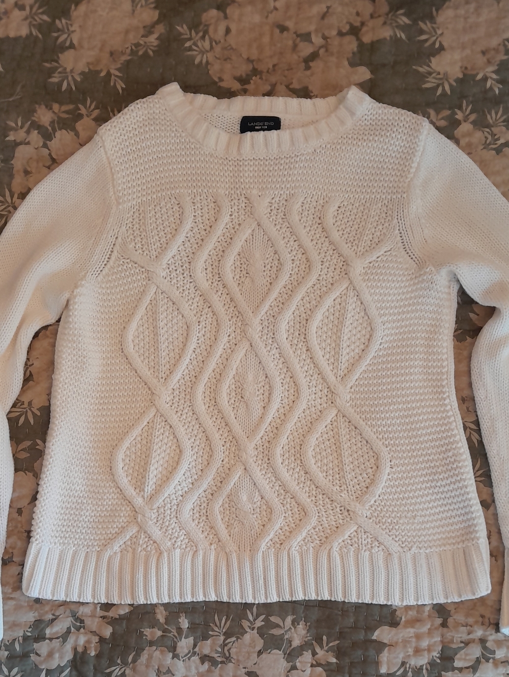 Lands' End Cream Cable Chunky Crewneck Fisherman Drifter Sweater, L, 100% Cotton